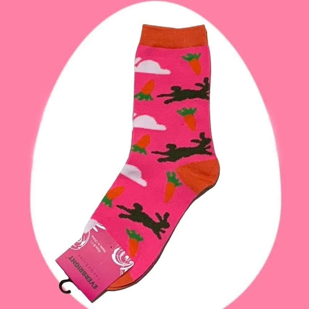 Everbright Easter Socks Women’s Bunny Carrots Novelty Print 9-11 Pink Multicolor